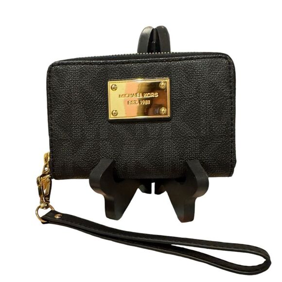 Michael Kors Print Black Wallet With Gold Accents - Picture 1 of 3